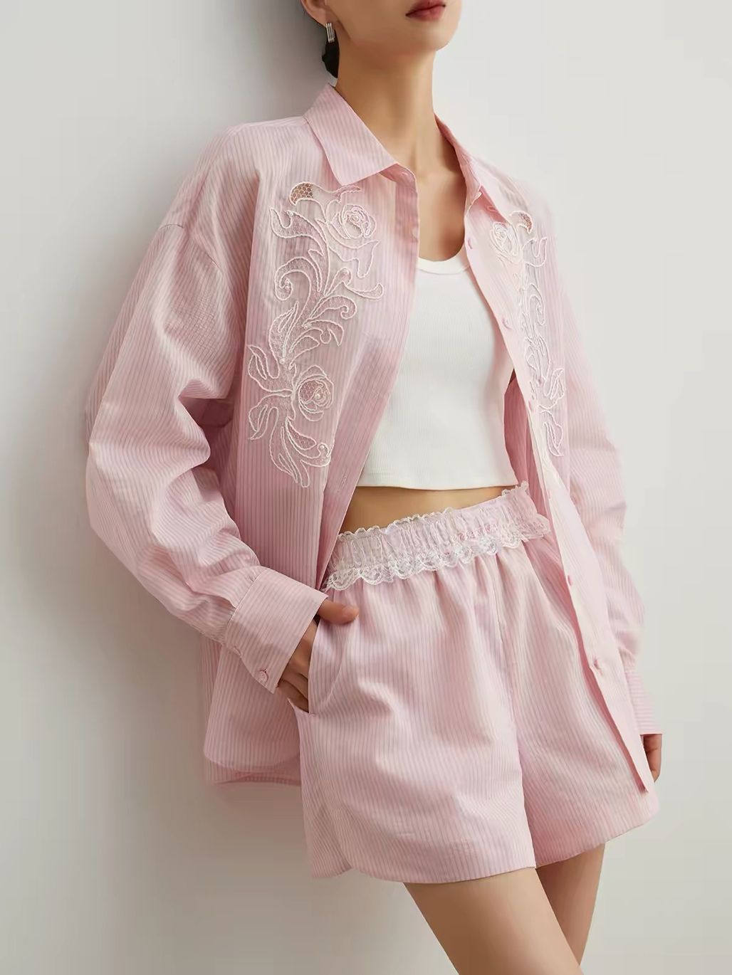 Ai Bo Floral-Embroidered Pinstripe Shirt & Shorts Set (Sold Seperately)