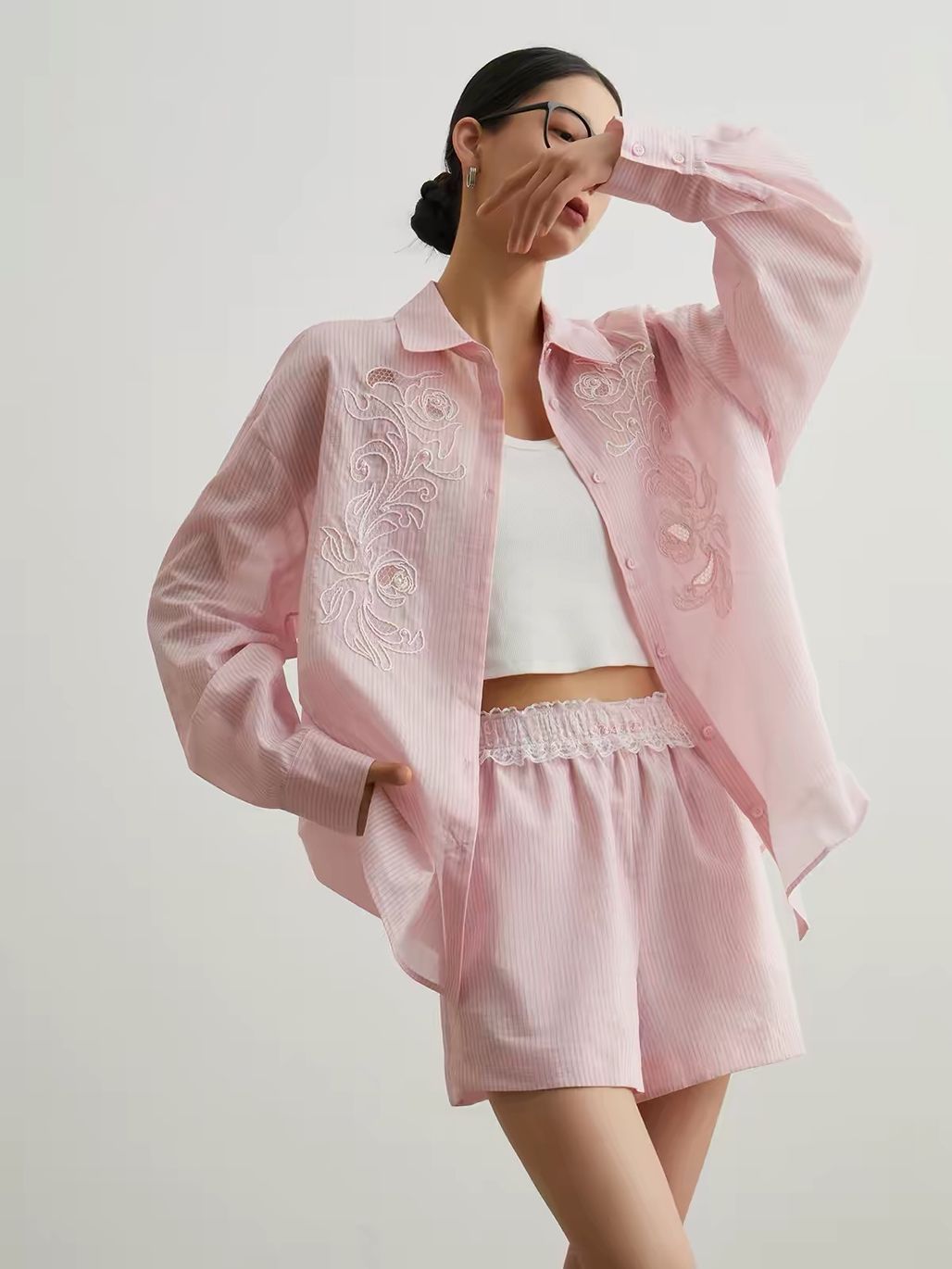 Ai Bo Floral-Embroidered Pinstripe Shirt & Shorts Set (Sold Seperately)