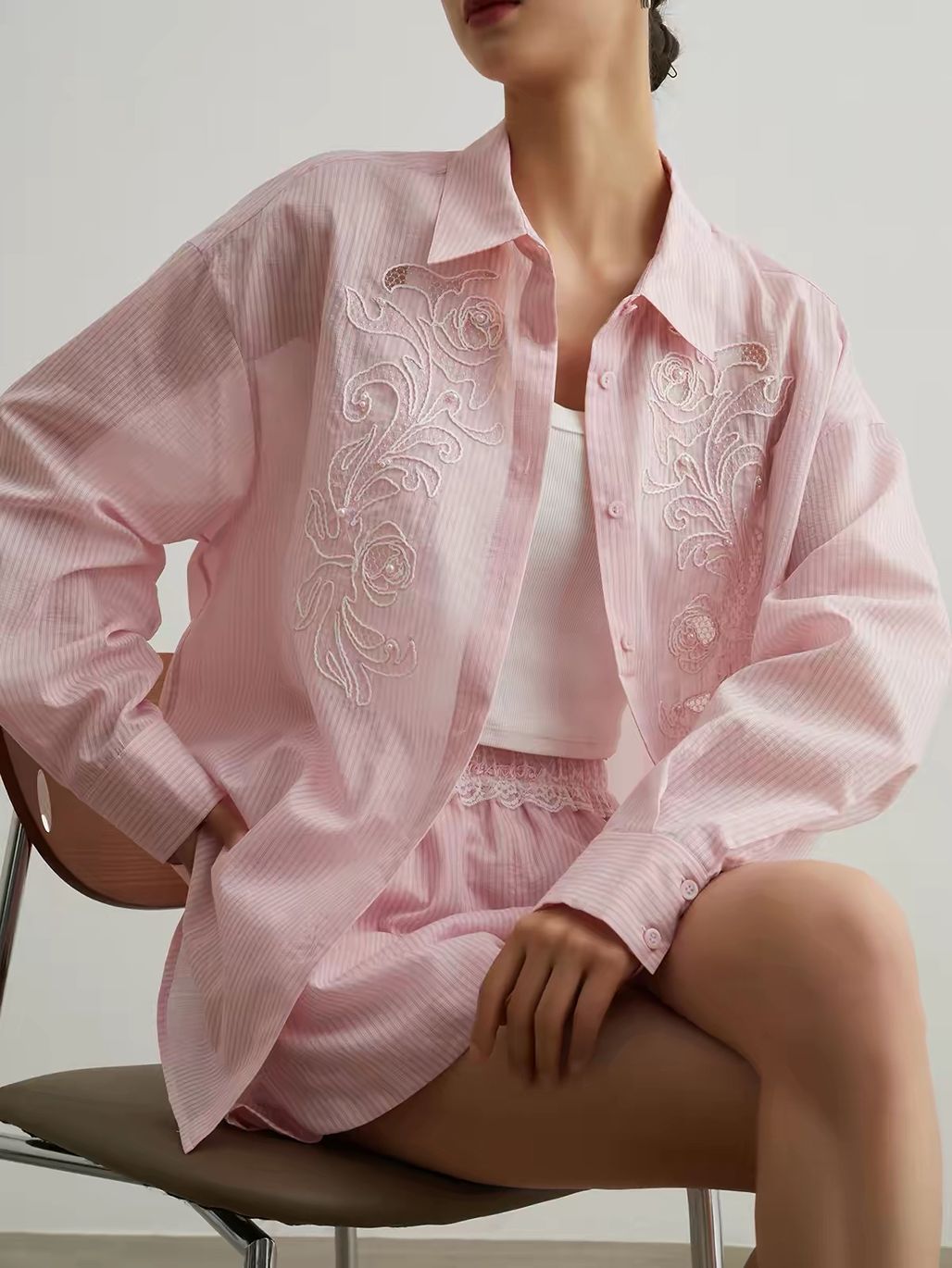 Ai Bo Floral-Embroidered Pinstripe Shirt & Shorts Set (Sold Seperately)