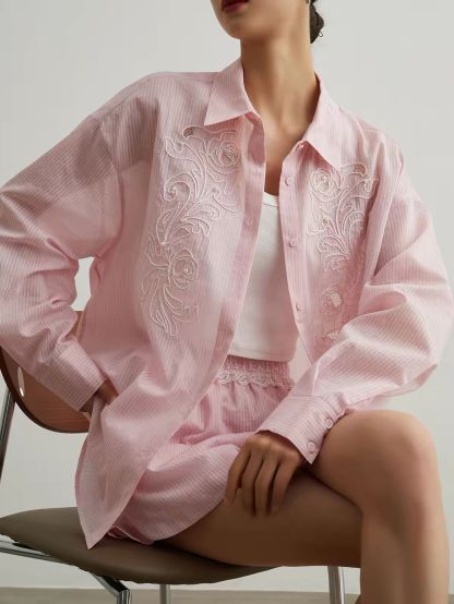 Ai Bo Floral-Embroidered Pinstripe Shirt & Shorts Set (Sold Seperately)