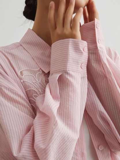 Ai Bo Floral-Embroidered Pinstripe Shirt & Shorts Set (Sold Seperately)