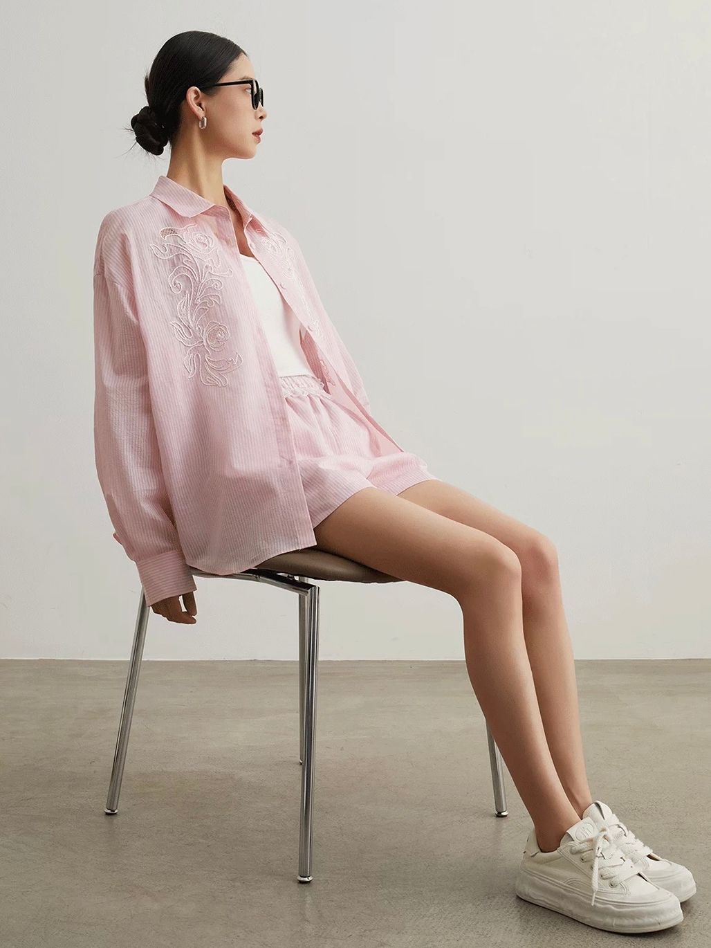 Ai Bo Floral-Embroidered Pinstripe Shirt & Shorts Set (Sold Seperately)