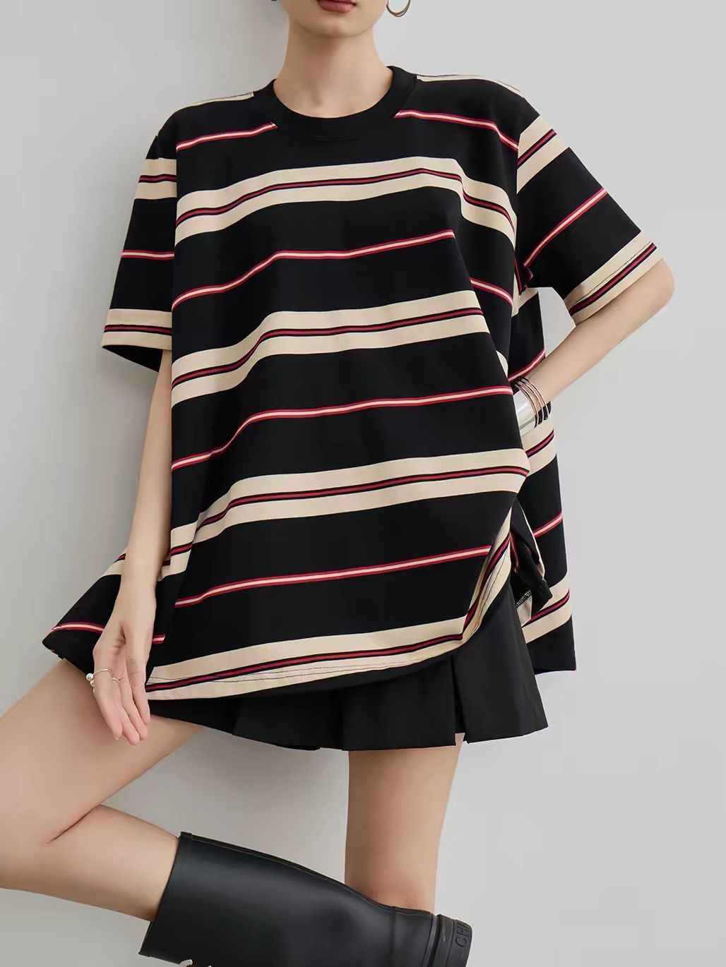 Ai Bang Retro-Stripe Oversized A-Line Tee