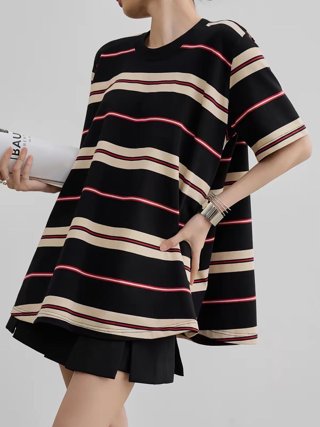 Ai Bang Retro-Stripe Oversized A-Line Tee