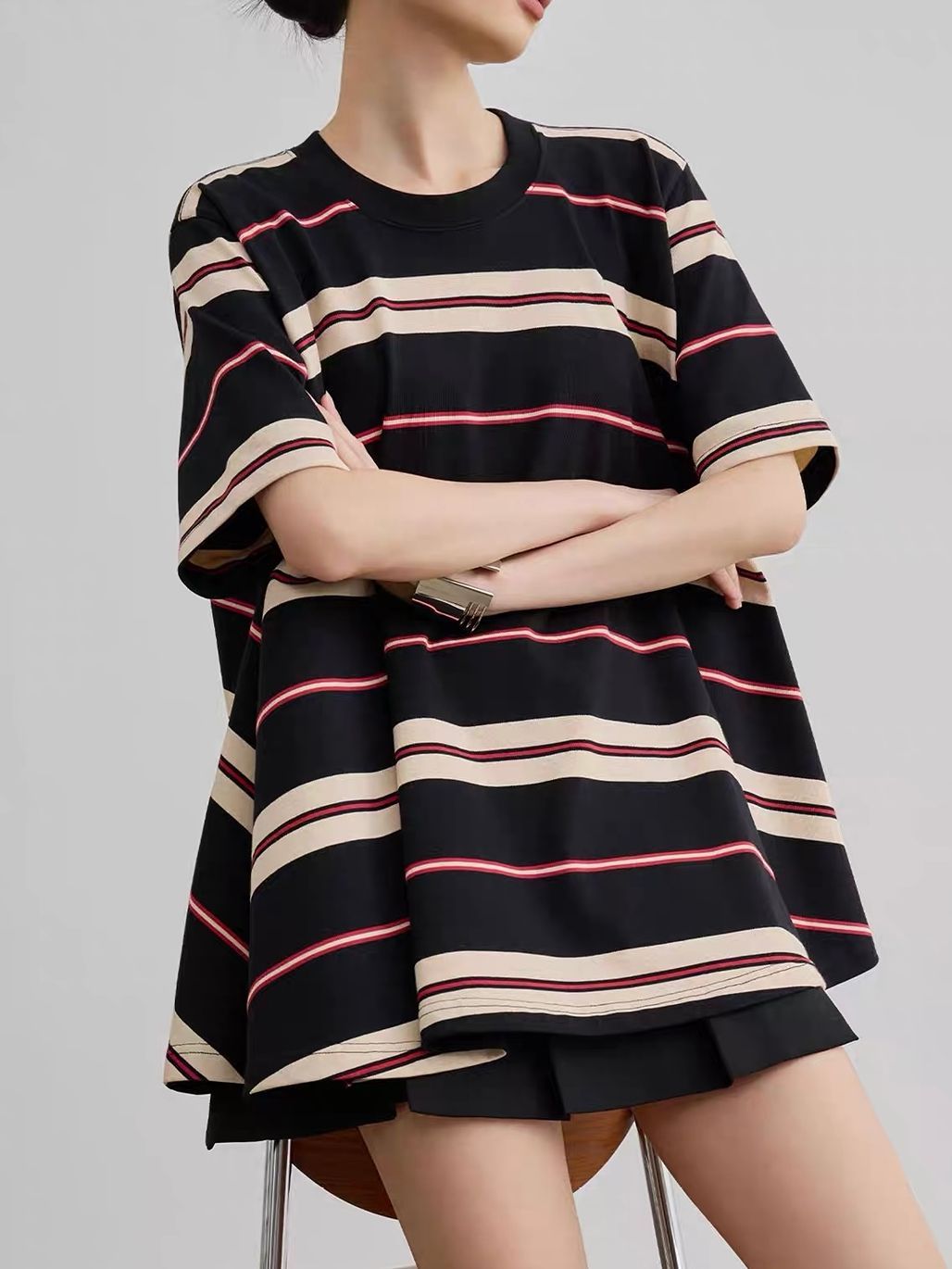 Ai Bang Retro-Stripe Oversized A-Line Tee