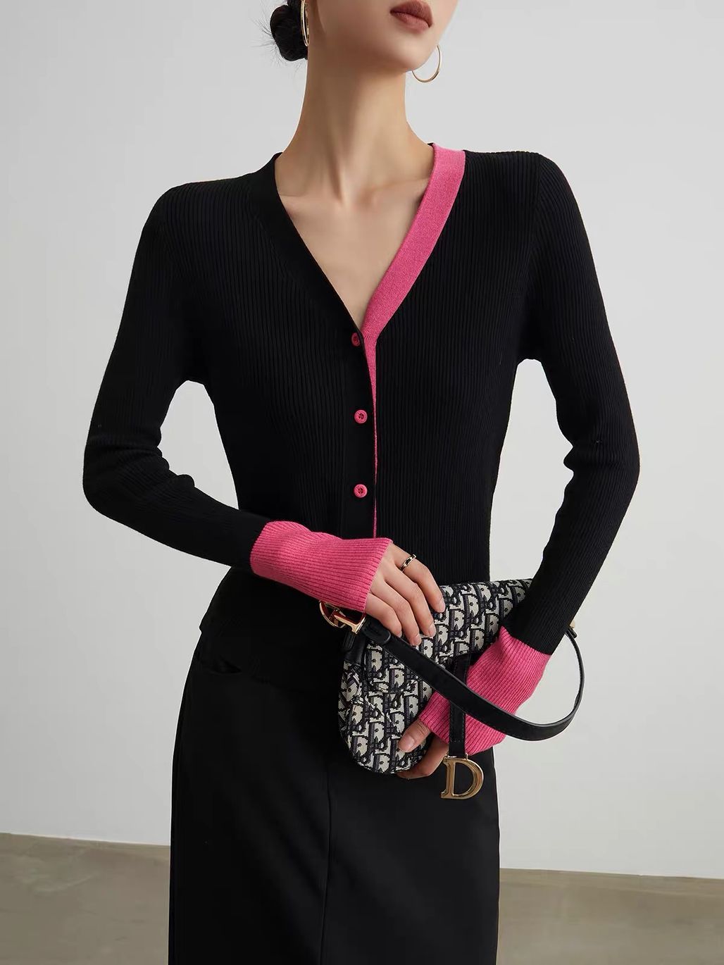 Ai Ci Contrast-Trim Layered-Look V-Neck Knit Top