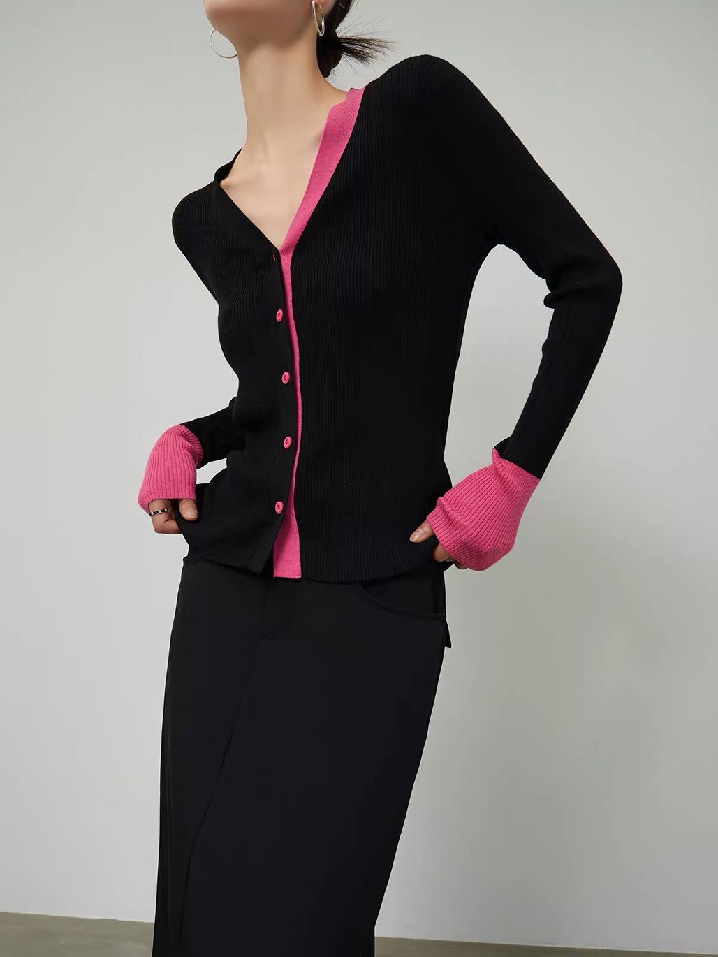 Ai Ci Contrast-Trim Layered-Look V-Neck Knit Top