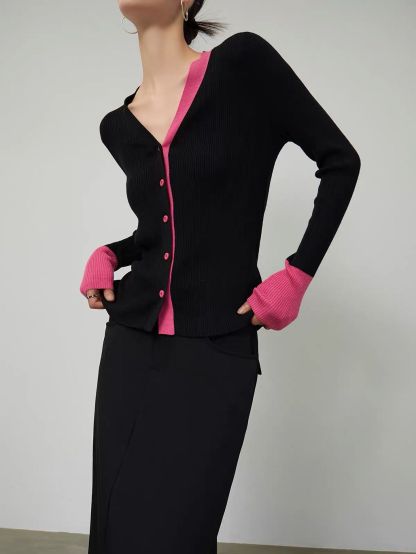 Ai Ci Contrast-Trim Layered-Look V-Neck Knit Top