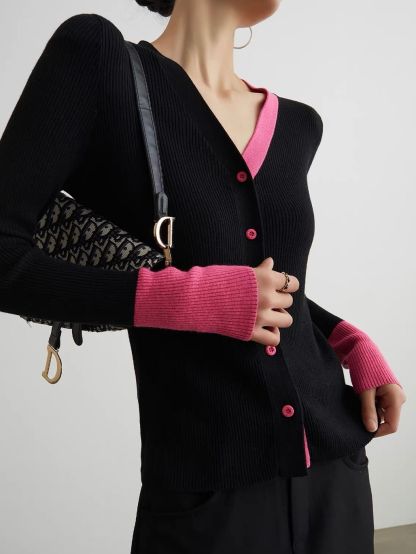 Ai Ci Contrast-Trim Layered-Look V-Neck Knit Top