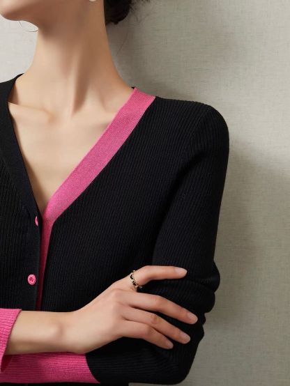 Ai Ci Contrast-Trim Layered-Look V-Neck Knit Top