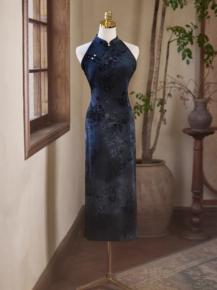 Ci Zhu Bamboo Printing Velvet Cheongsam
