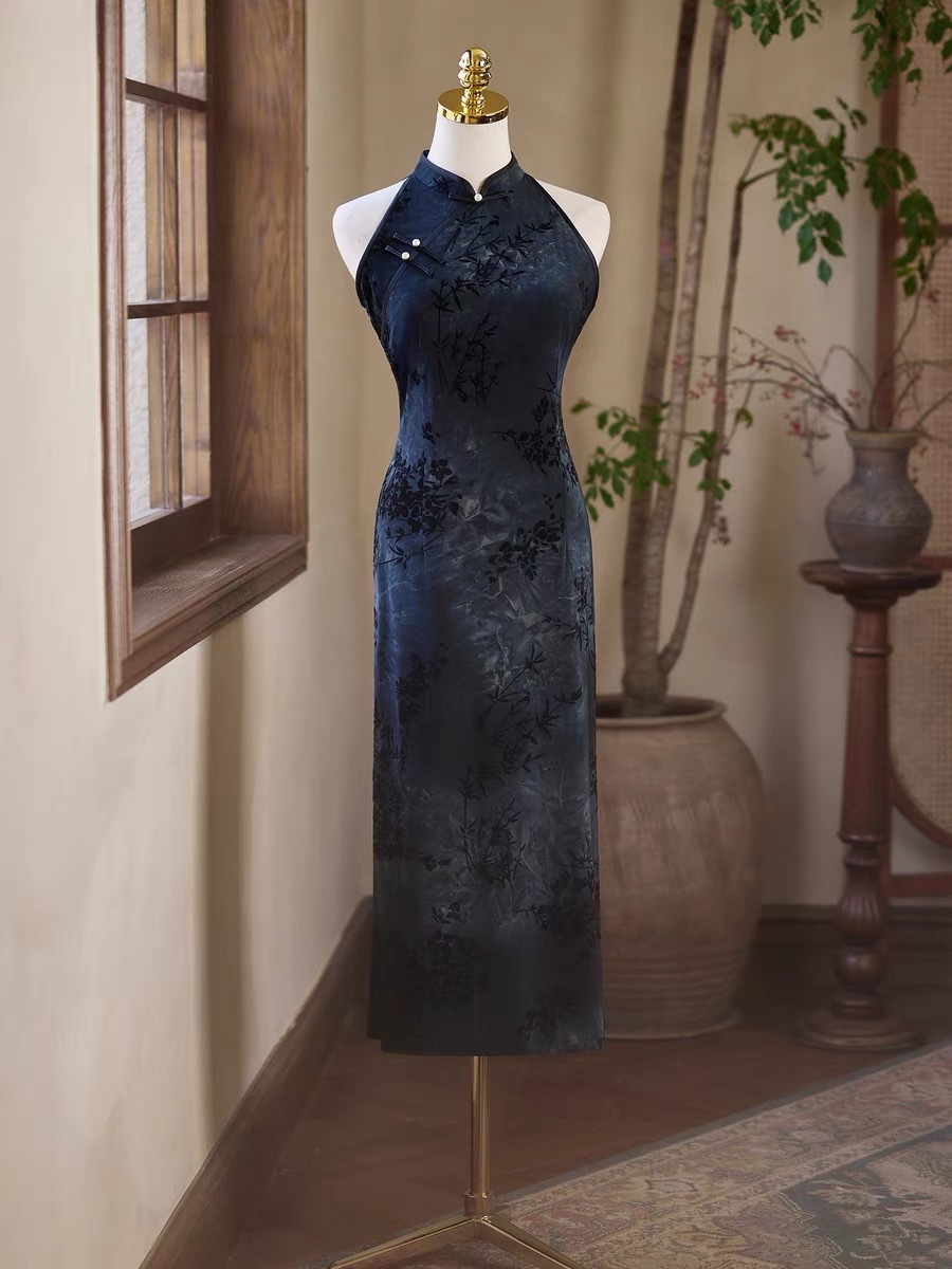 Ci Zhu Bamboo Printing Velvet Cheongsam