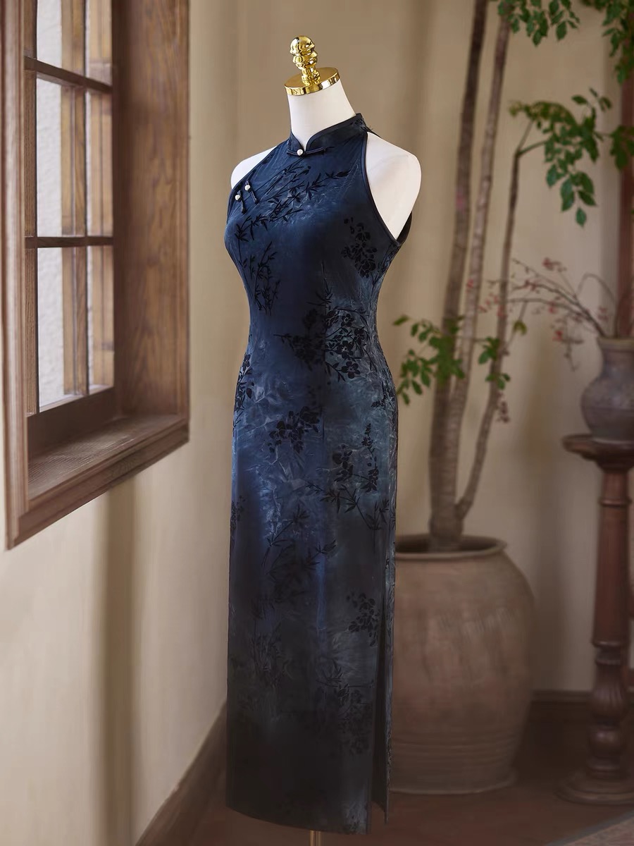 Ci Zhu Bamboo Printing Velvet Cheongsam