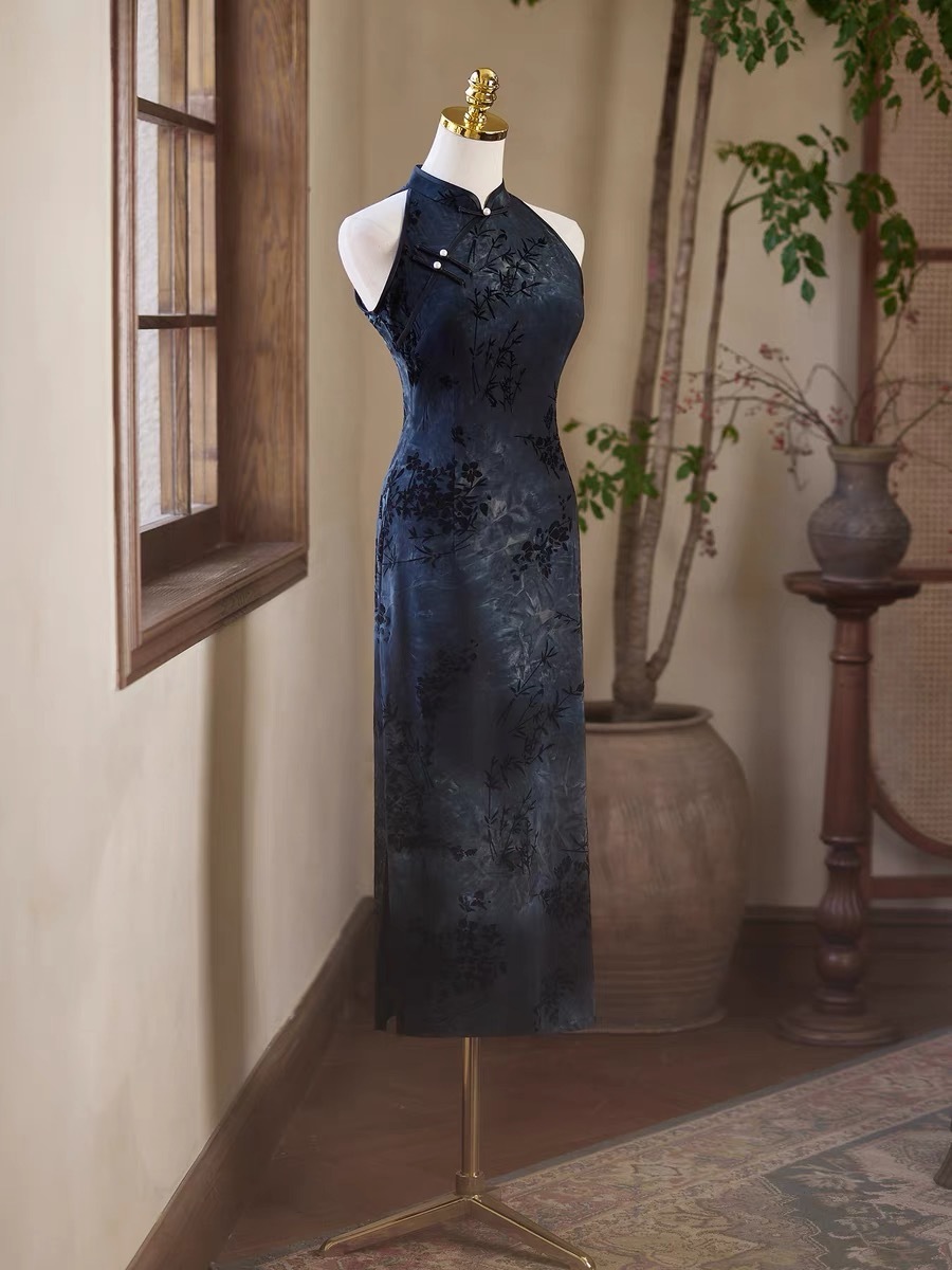 Ci Zhu Bamboo Printing Velvet Cheongsam