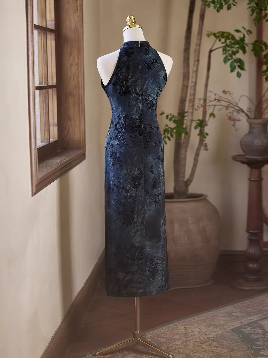 Ci Zhu Bamboo Printing Velvet Cheongsam