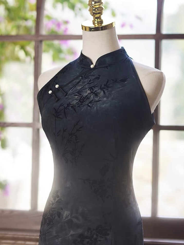 Ci Zhu Bamboo Printing Velvet Cheongsam