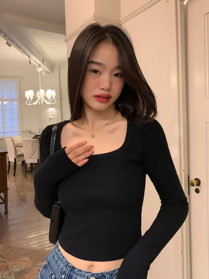 Sherly Square Neck Long Sleeve Crop Top-The Black Bow-