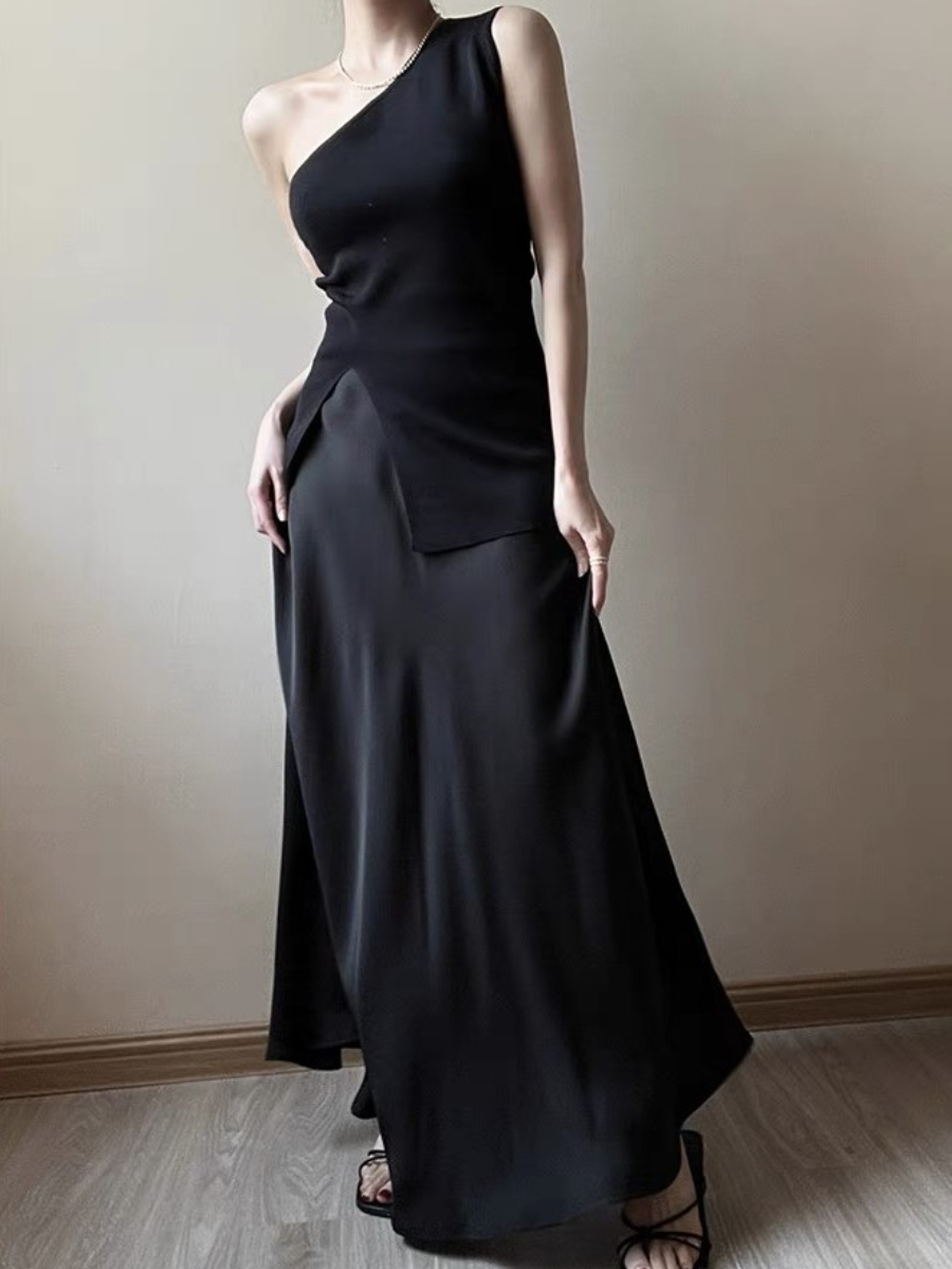 Kyera Bias Cutting Satin Maxi Skirt-The Black Bow-