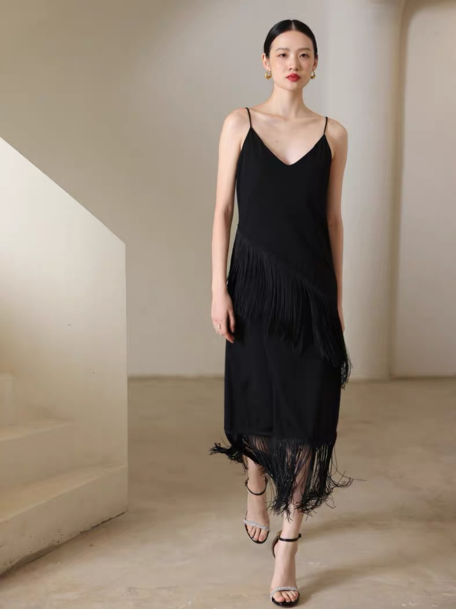 Quiana Tassel Trimmed Cami Dress-The Black Bow-