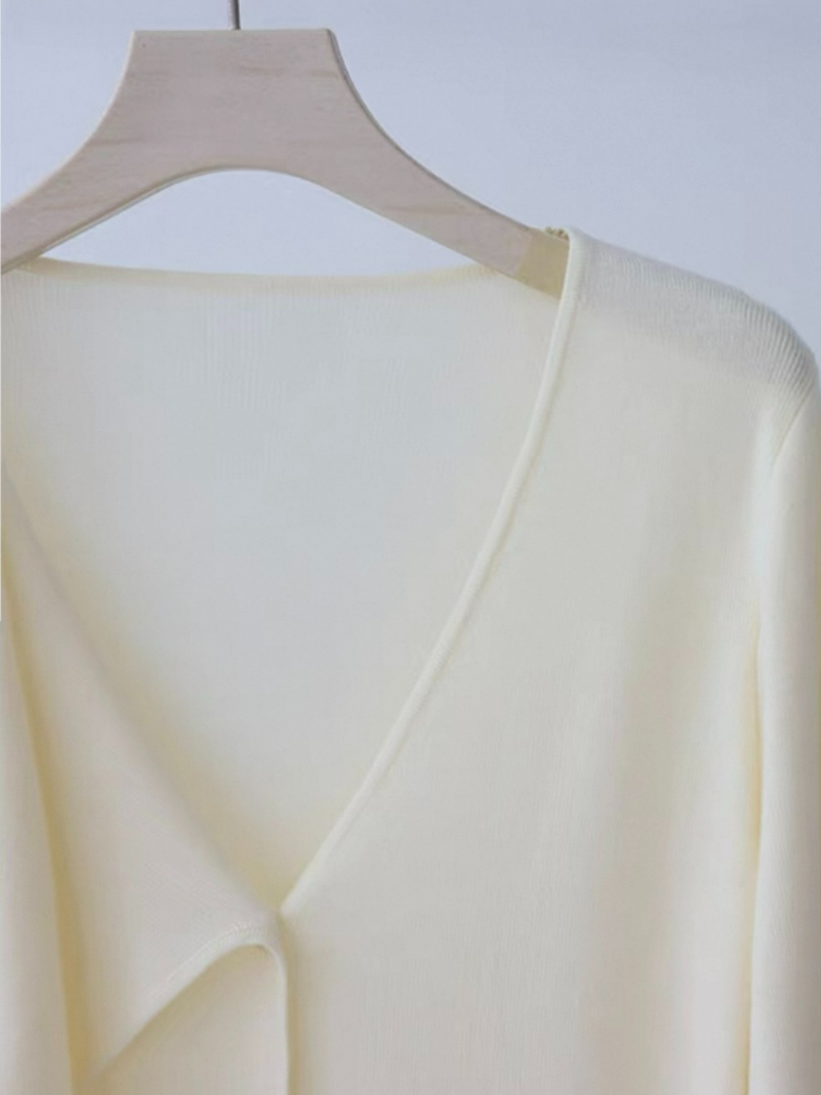 Ebbey Asymmetric Collar Long Sleeve Knit Top-The Black Bow-