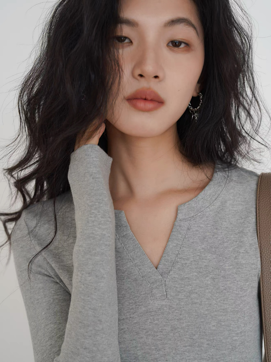 Ken Notch Neckline Long Sleeve Top