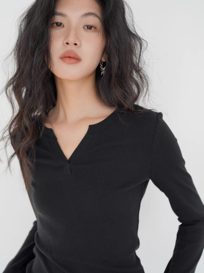 Ken Notch Neckline Long Sleeve Top