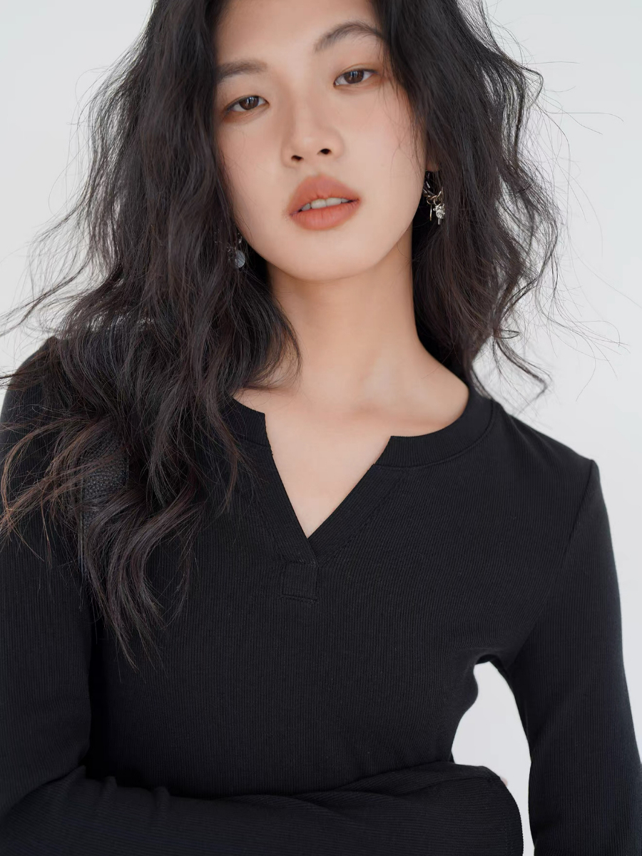 Ken Notch Neckline Long Sleeve Top