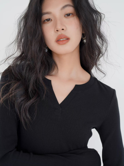 Ken Notch Neckline Long Sleeve Top