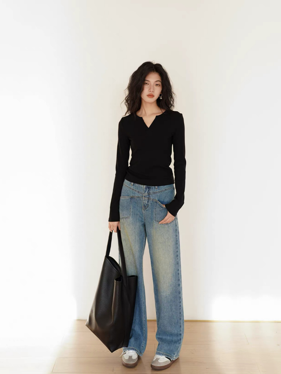 Ken Notch Neckline Long Sleeve Top