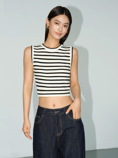 Mary Stripe Round Neck Crop Top-The Black Bow-