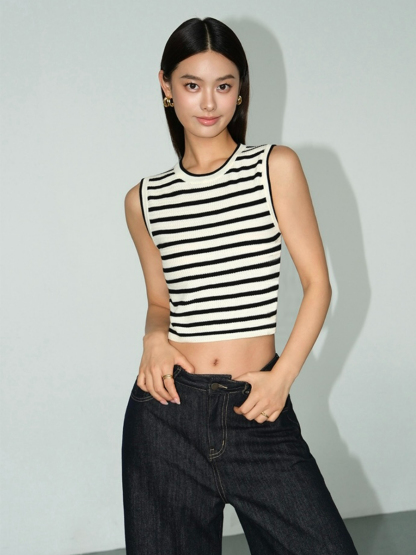 Mary Stripe Round Neck Crop Top-The Black Bow-