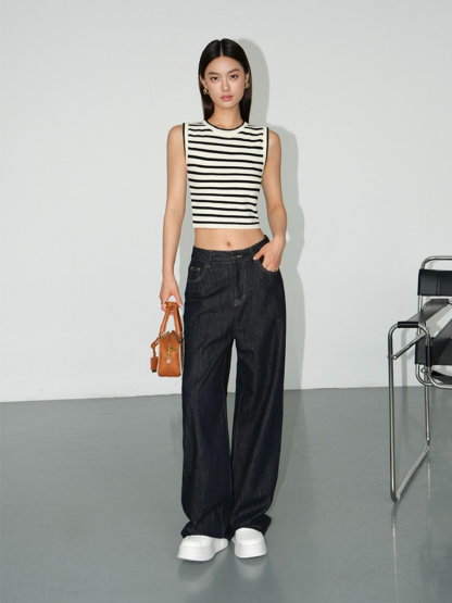 Mary Stripe Round Neck Crop Top-The Black Bow-