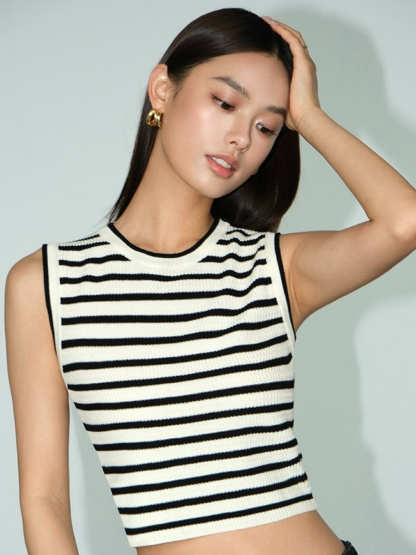 Mary Stripe Round Neck Crop Top-The Black Bow-