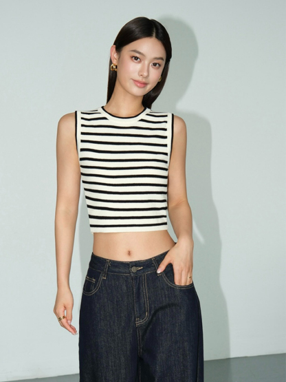 Mary Stripe Round Neck Crop Top-The Black Bow-