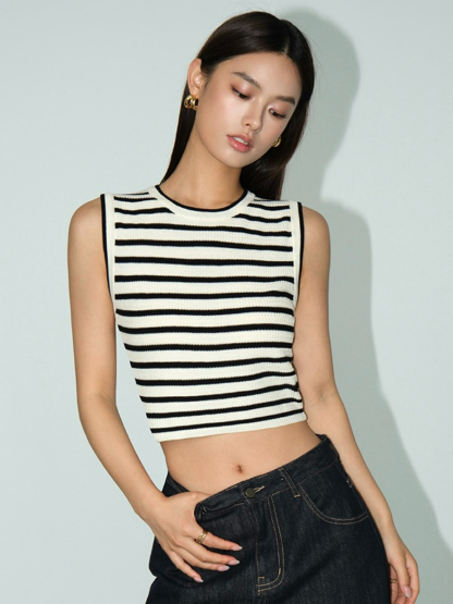 Mary Stripe Round Neck Crop Top-The Black Bow-
