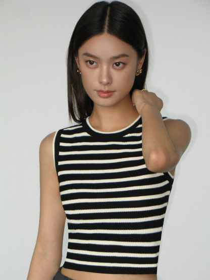 Mary Stripe Round Neck Crop Top-The Black Bow-