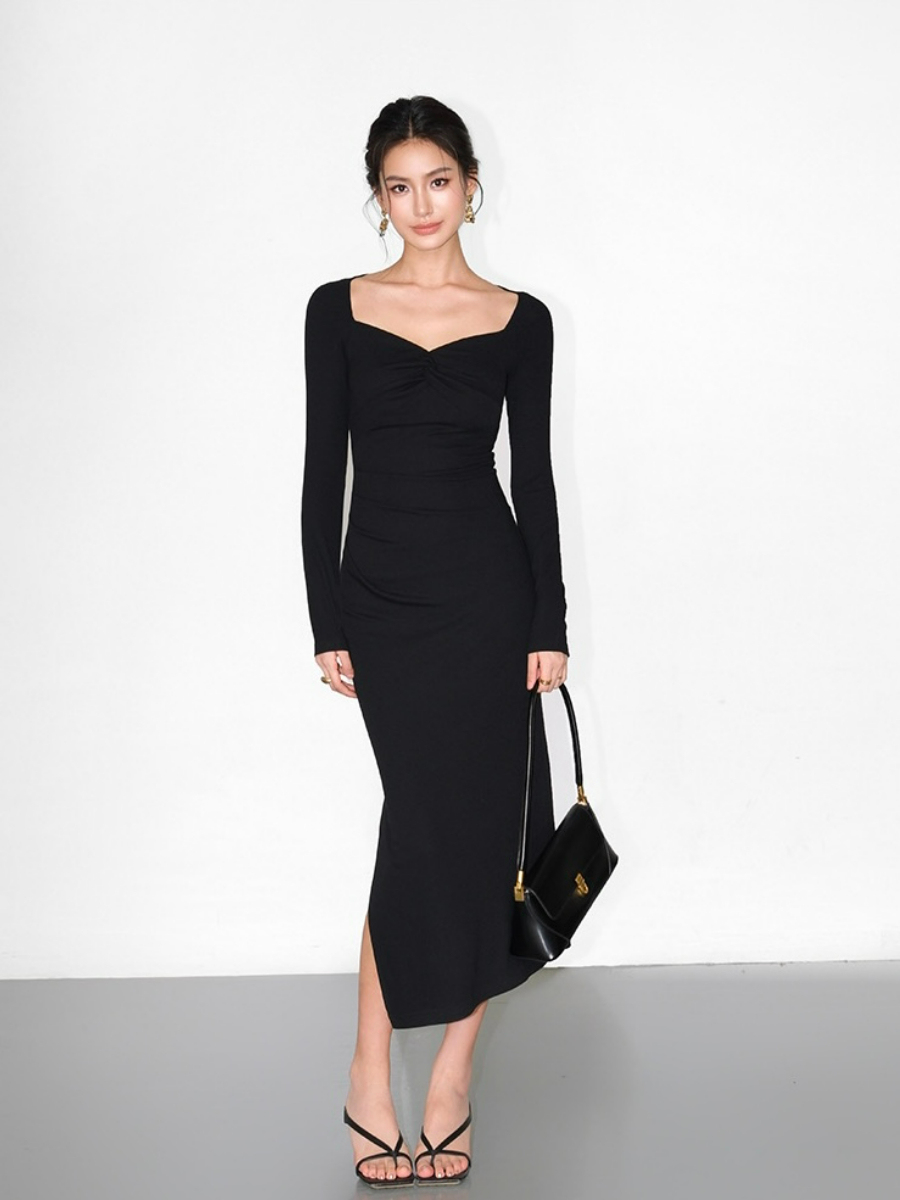 Jameson Front Knot Bodycon Knit Dress-The Black Bow-