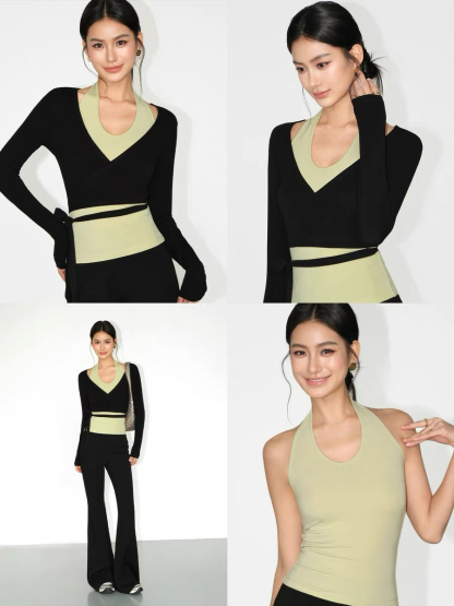 Jasper Tie Up Long Sleeve Top & Jaxon Halter Neck Singlet-The Black Bow-