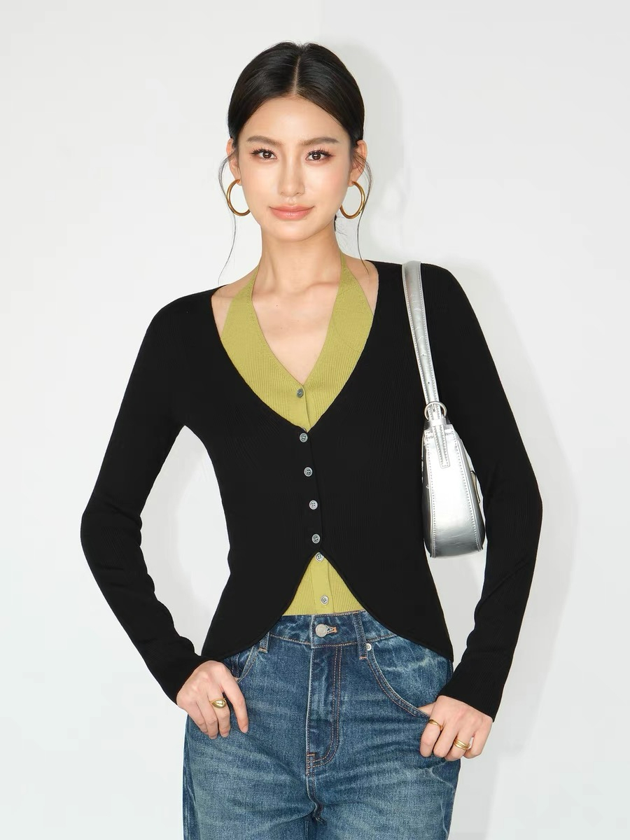 Julian Fake Two Pieces Halter Neck Knit Top-The Black Bow-