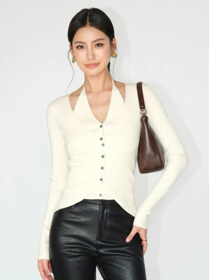 Julian Fake Two Pieces Halter Neck Knit Top-The Black Bow-