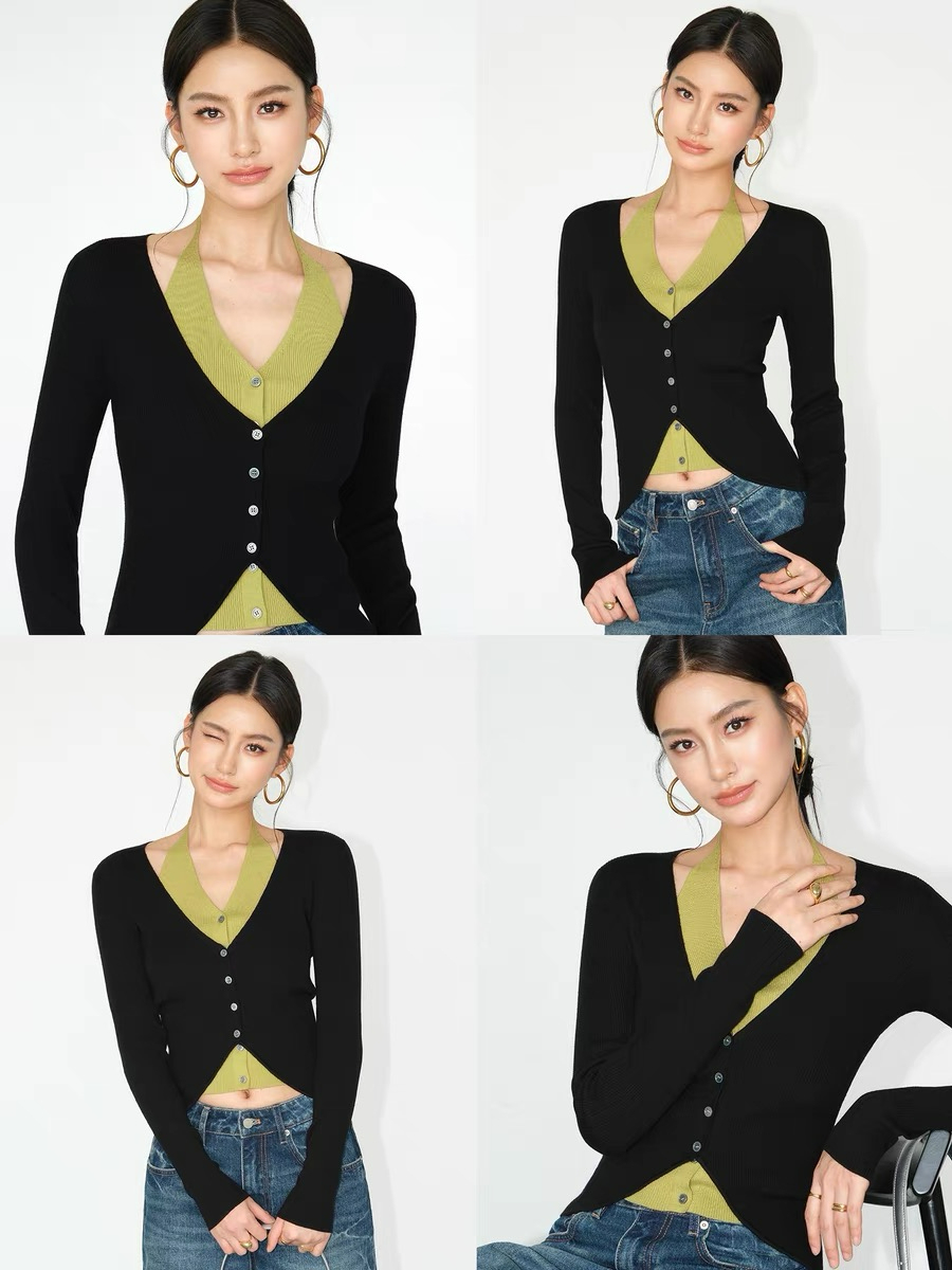 Julian Fake Two Pieces Halter Neck Knit Top-The Black Bow-