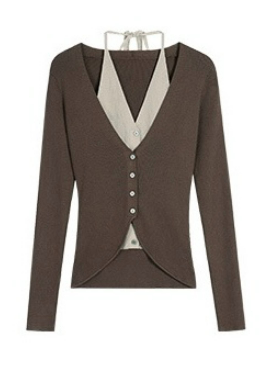 Julian Fake Two Pieces Halter Neck Knit Top-The Black Bow-