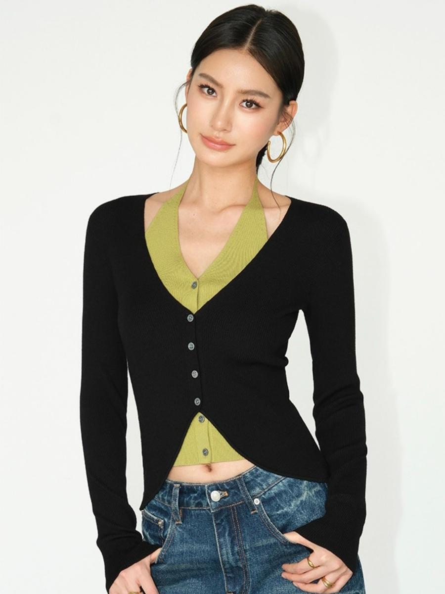Julian Fake Two Pieces Halter Neck Knit Top-The Black Bow-