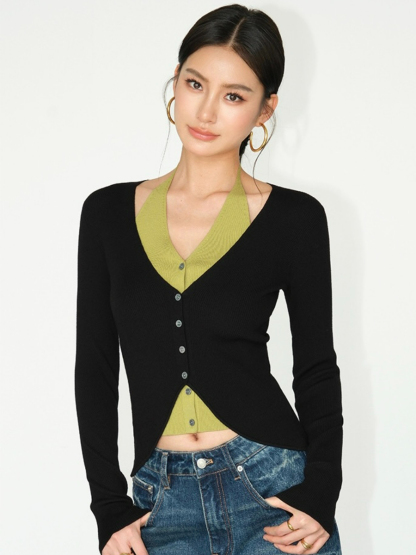 Julian Fake Two Pieces Halter Neck Knit Top-The Black Bow-