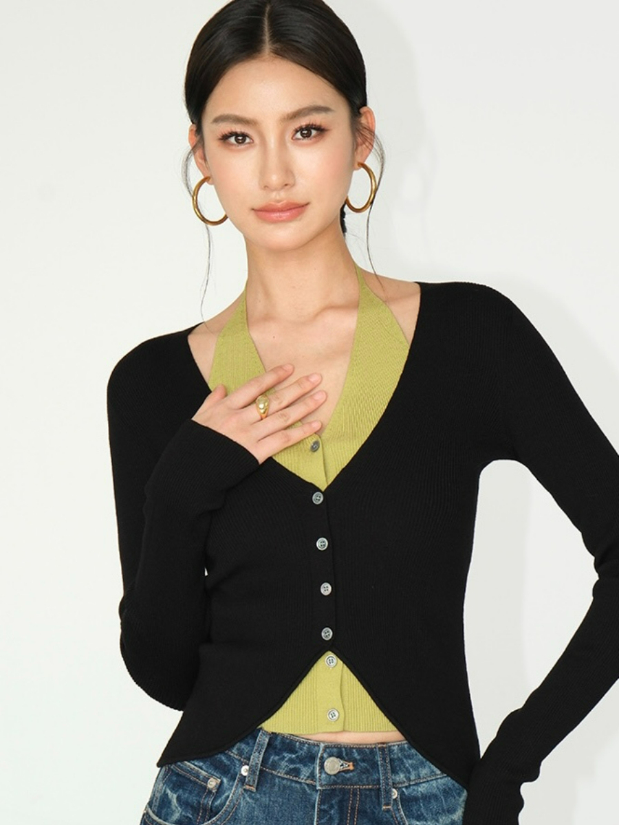 Julian Fake Two Pieces Halter Neck Knit Top-The Black Bow-