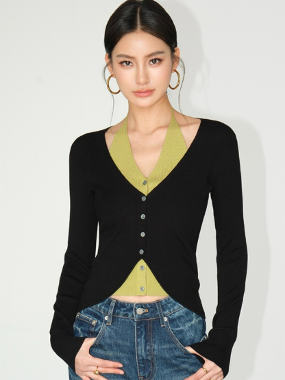 Julian Fake Two Pieces Halter Neck Knit Top-The Black Bow-