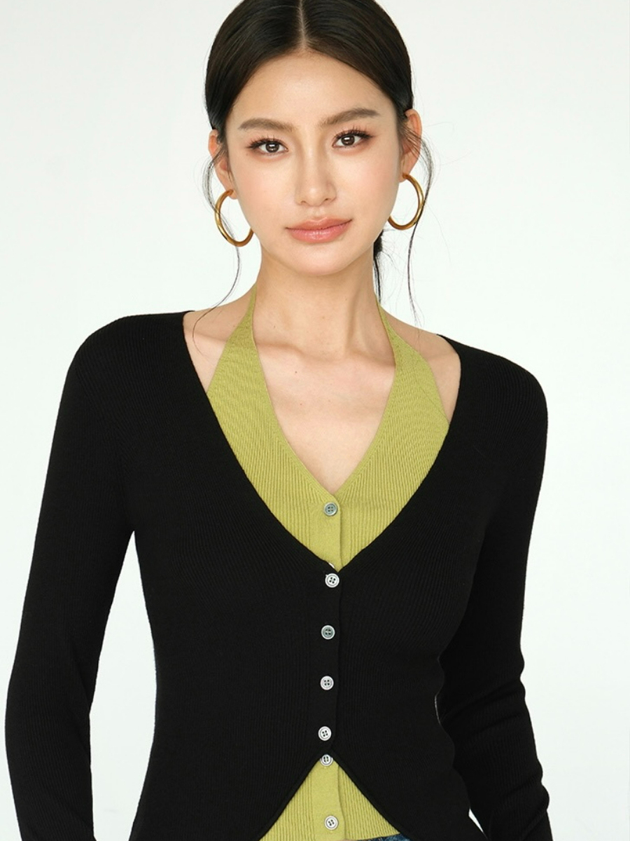 Julian Fake Two Pieces Halter Neck Knit Top-The Black Bow-