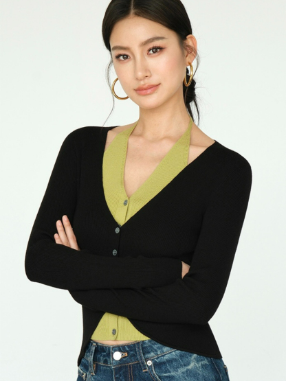 Julian Fake Two Pieces Halter Neck Knit Top-The Black Bow-