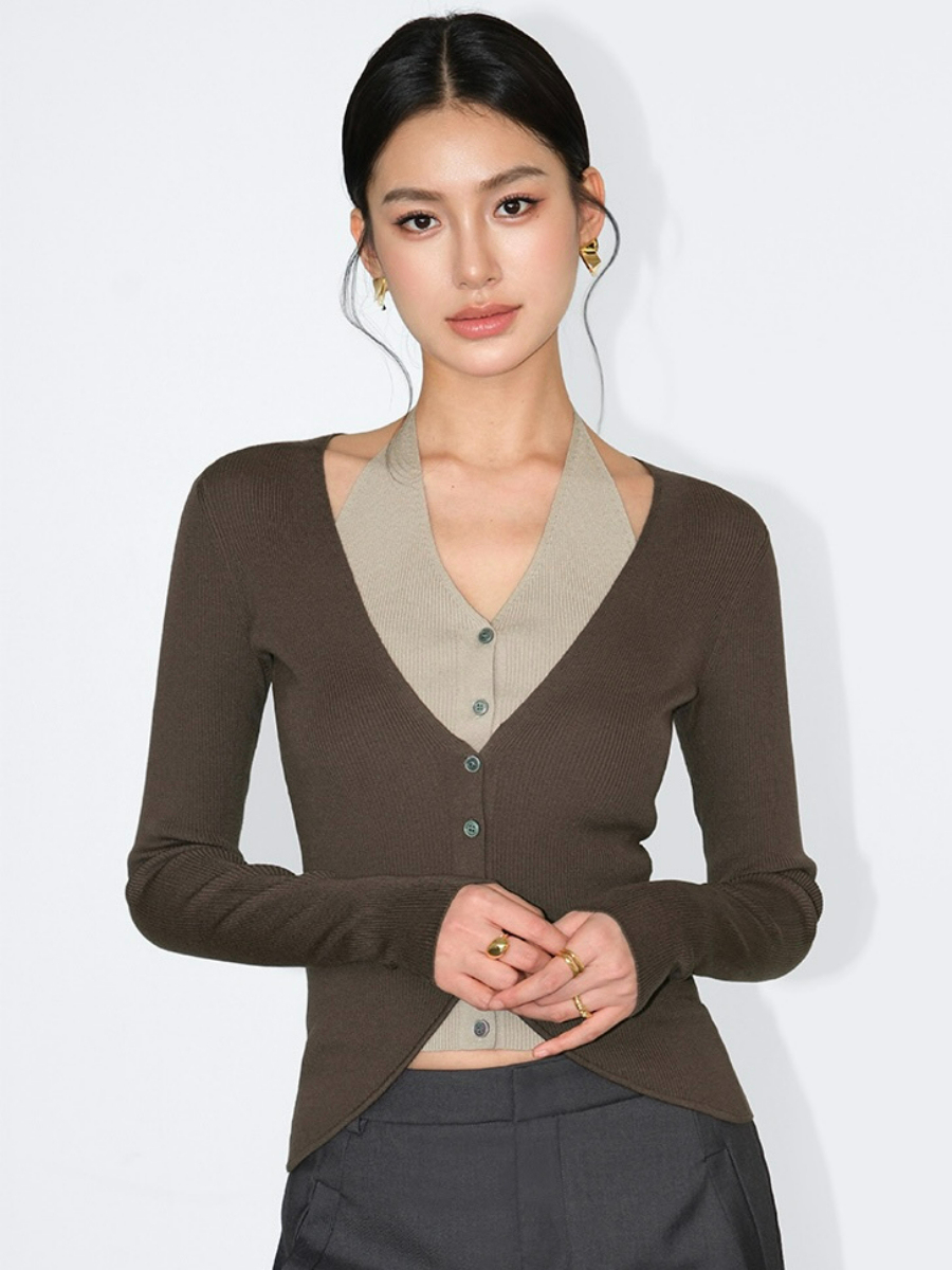 Julian Fake Two Pieces Halter Neck Knit Top-The Black Bow-