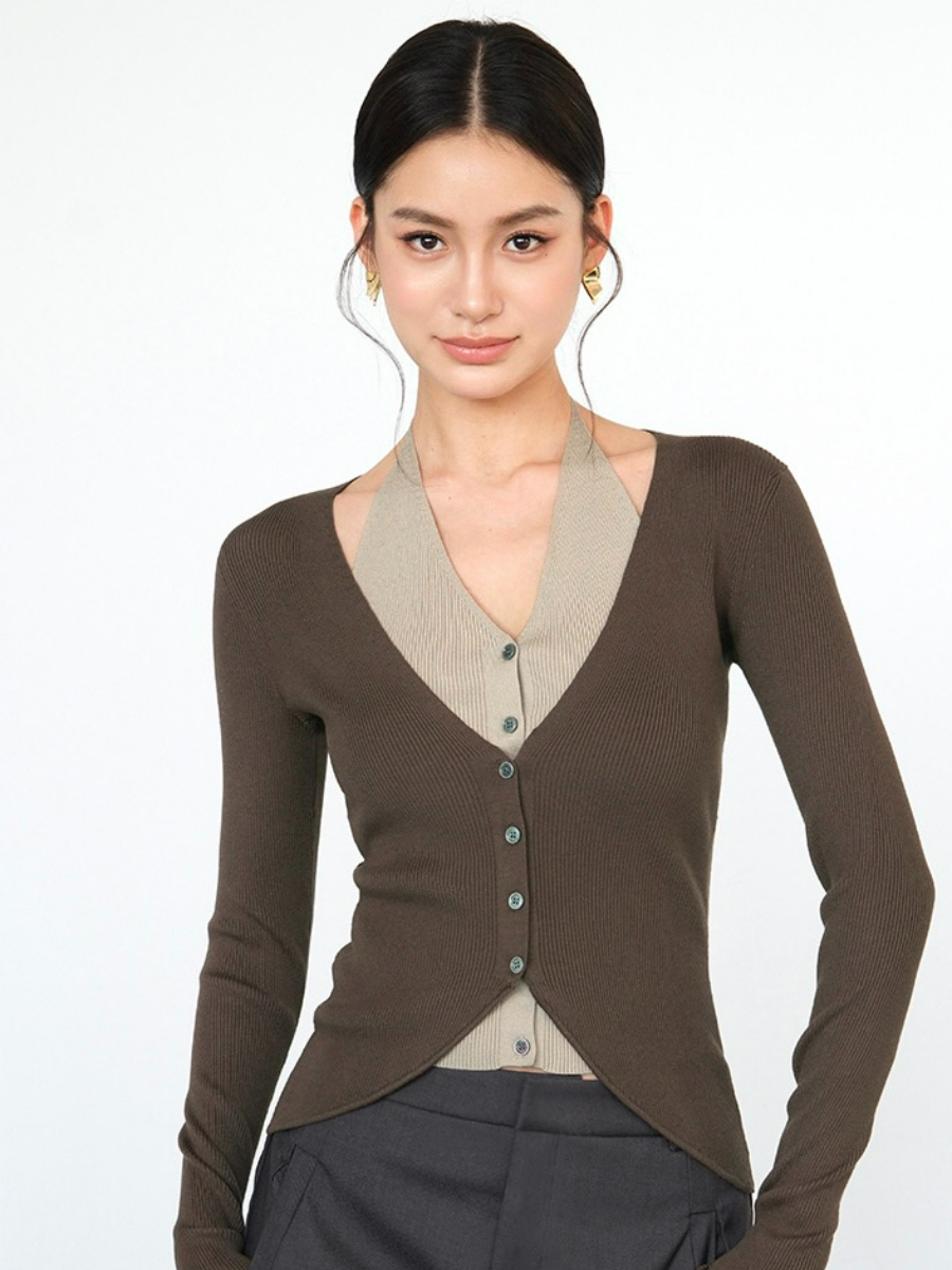 Julian Fake Two Pieces Halter Neck Knit Top-The Black Bow-